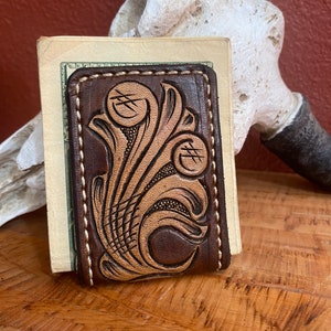 Men's Floral Tooled Leather Magnetic Money Clip Wallet