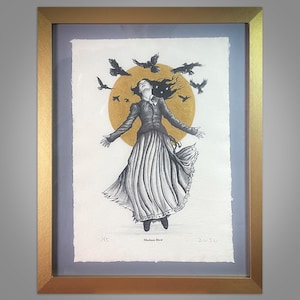 Madam Bird Limited Edition Art Print - Hand Embellished Gold Ink on Khadi Paper - Victorian Gothic Crow Wall Decor - Folk Horror Art