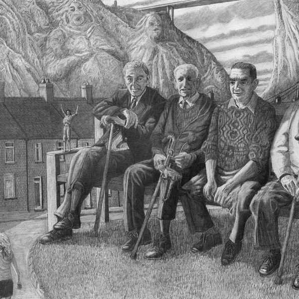 Reproduction Giants Pencil Drawing Giclée Print Of Original Artwork by David W J Lloyd. Humour, Old Giants Seated, Cliffs, Wales Giclee Art