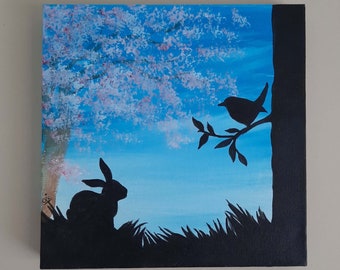 Spring - Original Acrylic Box Canvas Painting, by Vic Bearcroft, 'Spring', Bird painting, Rabbit Painting, Original Canvas.