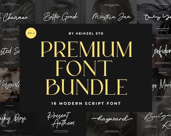 May include: A black and gold graphic with the text "PREMIUM FONT BUNDLE" and the text "16 MODERN SCRIPT FONT". The graphic features 16 different font styles in white text on a black background.