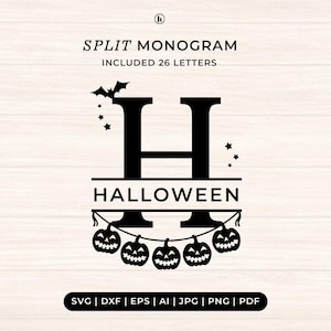 Könnte beinhalten: Schwarzes geteiltes Monogramm-Design mit dem Buchstaben "H" und dem Wort "HALLOWEEN". Enthält eine Fledermaus, Sterne und eine Girlande aus Kürbissen. Der Text oben lautet "SPLIT MONOGRAM" und "INCLUDED 26 LETTERS".