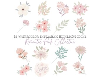 16 Cute Watercolor INSTAGRAM Highlight Icons, Floral digital Illustrations, for scrapbooking, cards & invitations making, planner stickers