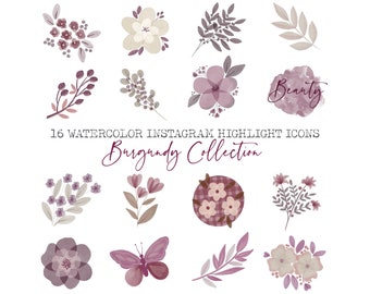 16 Cute Watercolor INSTAGRAM Highlight Icons, Floral digital Illustrations, for scrapbooking, cards & invitations making, planner stickers