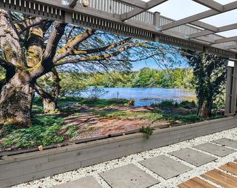 Papier peint vertical jardin avec vue sur la campagne au bord d'un lac, tenture murale extérieure imperméable pour tapisserie et rideau, décoration artistique tropicale