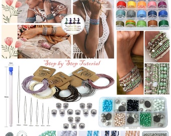 Metallic Leather Boho Macrame Wrap Crystal Glass DIY Bracelet Jewellery Making Kit with Video Tutorial Hobby for Teens to Adults