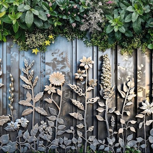 May include: A metal wall art piece featuring a variety of stylised flowers and leaves. The metal is a silver colour and the background is a dark blue wood.