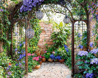 Mediterranean Stone Wall with Purple Haze Flowers Shower Curtain Garden Mural Tapestry Backdrop