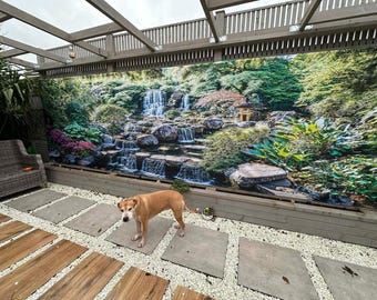 Outdoor Waterproof Mural Garden Tapestry Curtain, Waterfall Rockery, Pond Feature, Backdrop, Garden Wall Art, Outdoor Decor