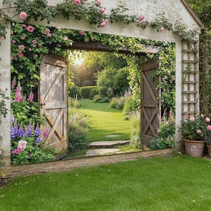 Può includere: Scena di giardino con una porta in legno aperta che conduce a un prato verde lussureggiante. La porta è incorniciata da piante rampicanti con rose rosa e fiori viola e rosa. Sono visibili una panchina di legno e piante in vaso.