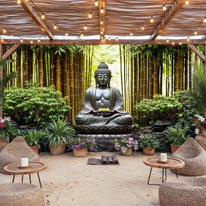 Könnte beinhalten: Eine ruhige Außenanlage mit einer großen Buddha-Statue aus Bronze in meditativer Pose. Die Szene umfasst Bambus, üppiges Grün und kleine Tische mit Kerzen, die eine friedliche Atmosphäre schaffen. Lichterketten hängen über Kopf.