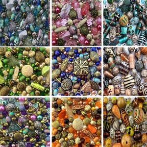 Op de afbeelding: Assortiment van kleurrijke glazen en metalen kralen in verschillende vormen en maten. De kralen zijn gerangschikt in negen verschillende secties, elk met een uniek kleurenschema en patroon.