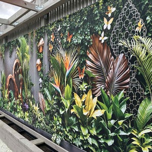 Modern Tropical Oasis Garden Tapestry Mural  Backdrop Curtain Fence Panel or Balcony Privacy Screen Mural Gardens Backdrop