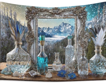 Tapisserie, suspension murale, montagne de glace, bleu, cristaux, décoration murale de chambre à coucher, oeuvre d'art mural