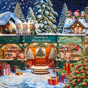 May include: A festive Christmas scene featuring a green and white building with the words "Santa's Workshop" above the entrance. There are elves and Christmas trees surrounding the building, and a variety of wrapped gifts in red, green, and white.