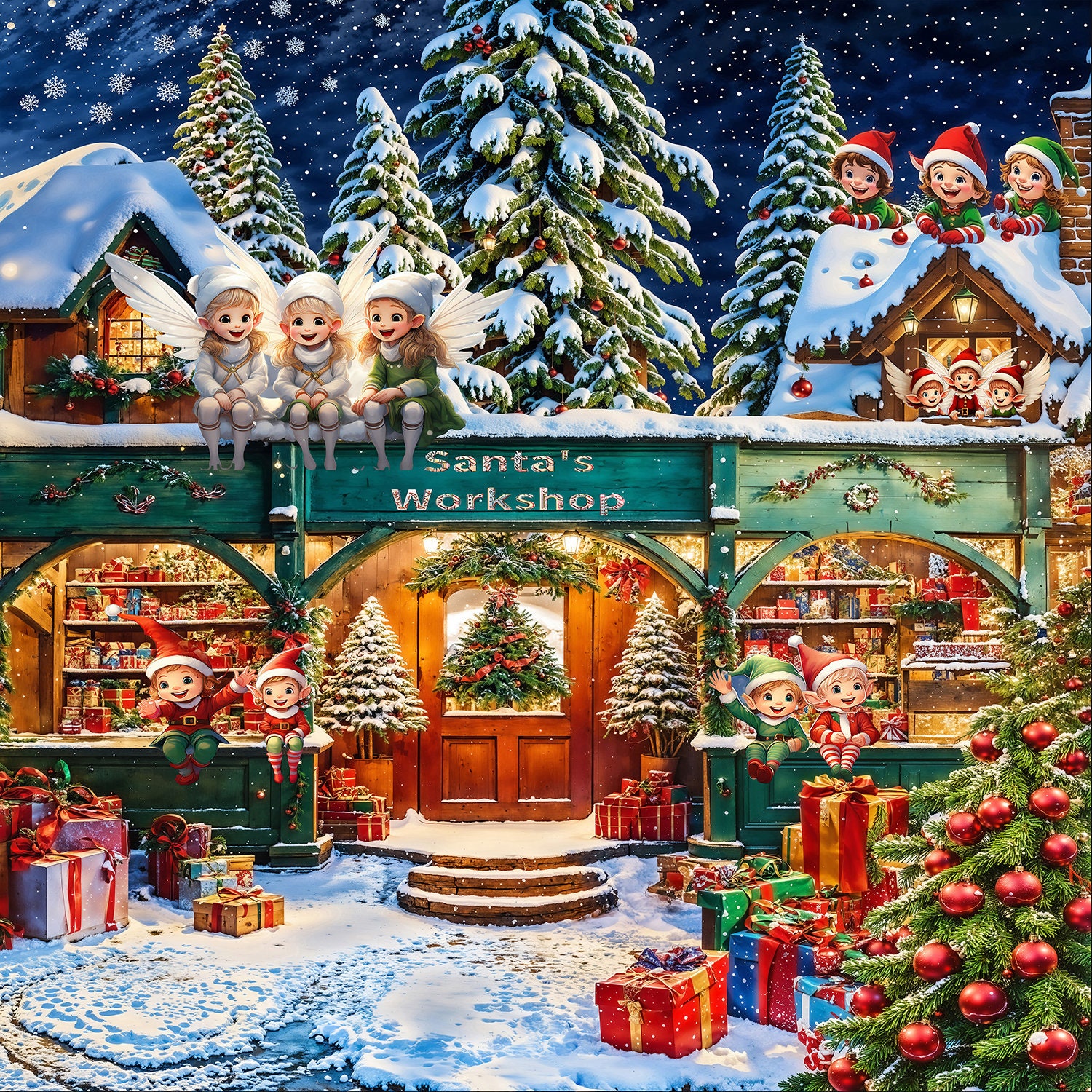 Santas Workshop Christmas Garden Mural Outdoor Display Backdrop Decoration
