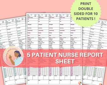 Five Patient Nurse Report Sheet | MedSurg Brain Sheet | Nursing Report Template | 3 Colours | Nursing | Digital Download