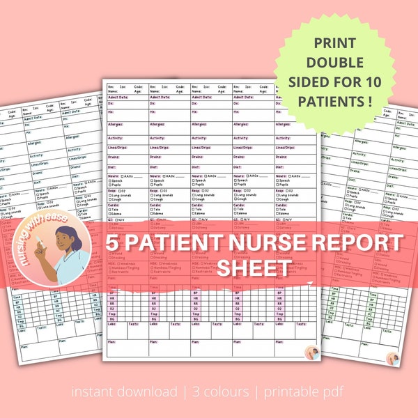 Five Patient Nurse Report Sheet | MedSurg Brain Sheet | Nursing Report Template | 3 Colours | Nursing | Digital Download