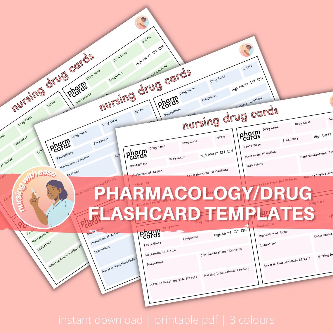 Pharmacology Drug Flashcard Template 3 Colours Nursing Student Digital Download Etsy