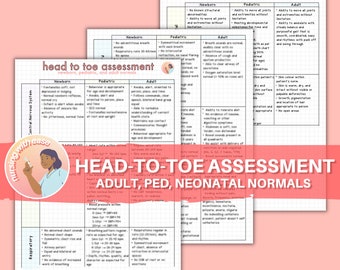 Head-To-Toe Assessment | Adult, Pediatric, Neonatal Normal Values | Health Assessment Class | 3 Pages | Nursing Student | Digital Download