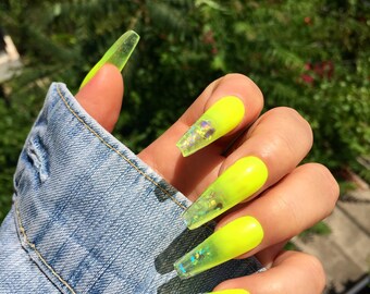 Acrylic Nails Coffin mojito on ice jellies nails faux nails glue on nails clear nails bright nails coffin neon nails