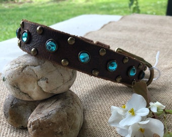May include: A brown leather dog collar with turquoise rhinestones and brass studs.