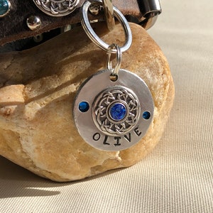 Custom Personalized Sapphire Swarovski Crystals Dog Tag Pet ID, Handmade dog ID, Large Personalized Name Tag , Backpack Identification