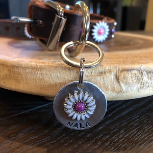 The "Daisy" Tag, Hand-stamped Pet dog tag, dog ID Tag, Rustic Dog ID, Vintage Look Dog Tag, Flowery Tag, Large Dog Tag, Medium dog Tag