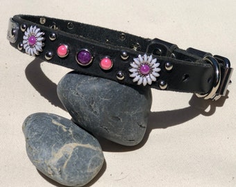 Daisy small leather collar, Floral Trendy Girly Leather Dog Collar, Personalized Purple & Pink Flower Dog Collar, 3/4” Inch for small dog