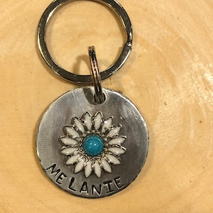 Floral Flower Tag, Hand-stamped dog tag, dog ID Tag, Rustic Metal Dog Tag, Vintage Look Dog Tag, daisy Tag, Large Dog Tag, Custom Pet ID