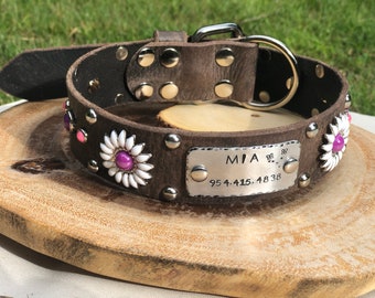 Daisy Trendy Girly Leather Dog Collar, Personalized Nickel Stamped Nameplate in Purple & Pink Flower Female Collar, ,1.5” Inch for Large Dog