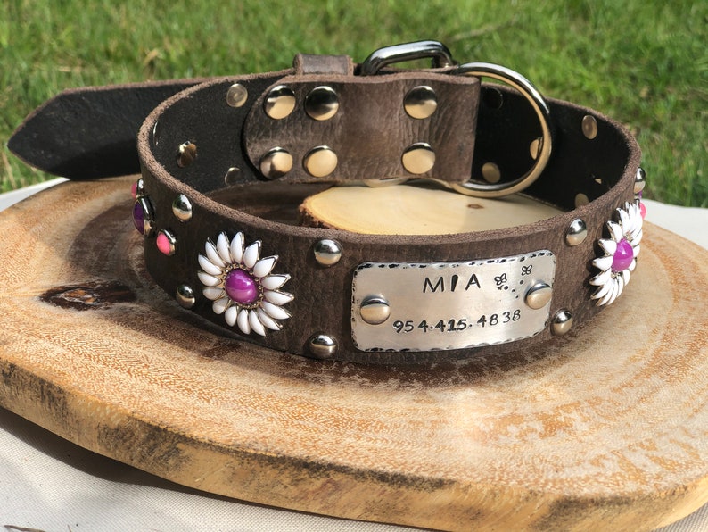 Daisy Trendy Girly Leather Dog Collar ,1.5\u201d Inch for Large Dog Personalized Nickel Stamped Nameplate in Purple /& Pink Flower Female Collar