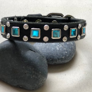 Swarovski crystal Leather Small Dog Collar with Turquoise Square Rhinestone, Aqua Rhinestone custom rustic leather collar 3/4&quot; inch wide