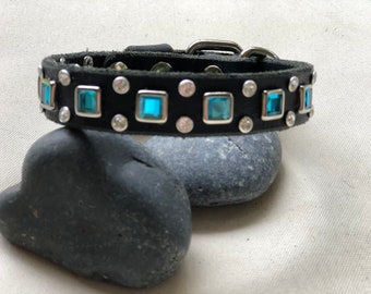 Swarovski crystal Leather Small Dog Collar with Turquoise Square Rhinestone, Aqua Rhinestone custom rustic leather collar 3/4" inch wide