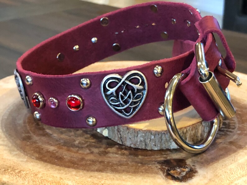 Pink /&Red Gemstone and Custom Nameplate Heart Dog Collar Valentine/'s Day Dog Red Leather Collar with Celtic Heart Concho 1.5 inches wide