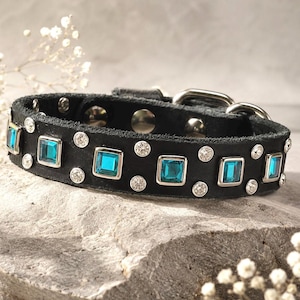 Luxury Leather Small Dog Collar, Turquoise Square Crystal Collar, Custom Designer Dog Collar – 3/4” Wide image 1