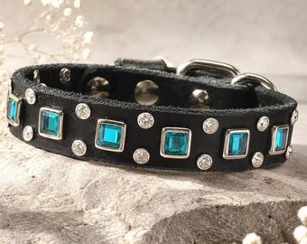 Luxury Leather Small Dog Collar, Turquoise Square Crystal Collar, Custom Designer Dog Collar – 3/4” Wide