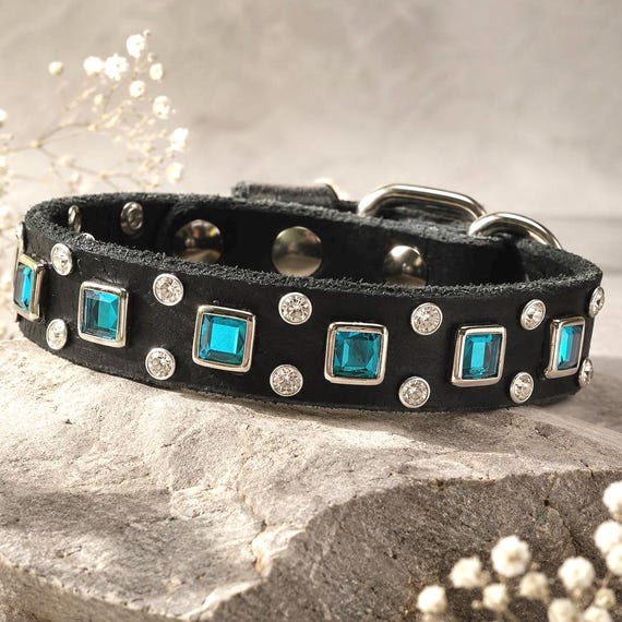 Luxury Leather Small Dog Collar, Turquoise Square Crystal Collar, Custom Designer Dog Collar – 3/4” Wide