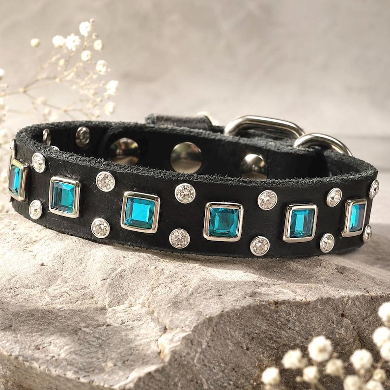 Luxury Leather Small Dog Collar, Turquoise Square Crystal Collar, Custom Designer Dog Collar – 3/4” Wide image 1