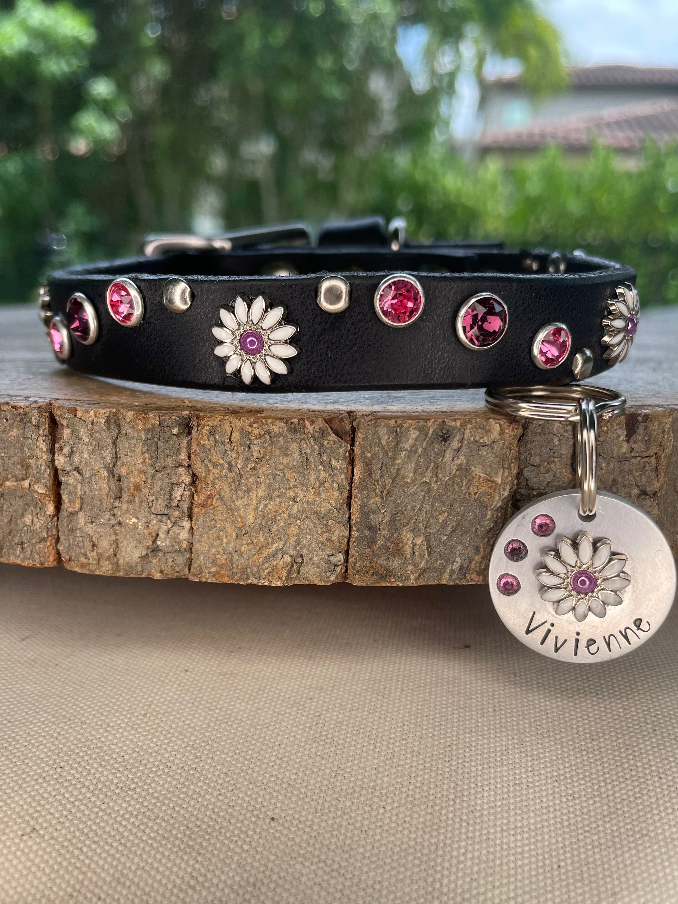 Daisy Jeweled Leather Dog Collar With Purple Daisy, Pink & Amethyst Swarovski Crystals Premium Tag in 5/8" For Extra Small