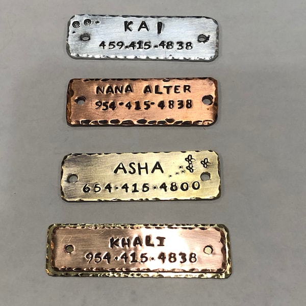 Personalized Hand Stamped Dog Nameplate Available In Copper, Brass, or Nickel ,Dog Collar Nameplate for a quiet & jingle free Fit 1" collar