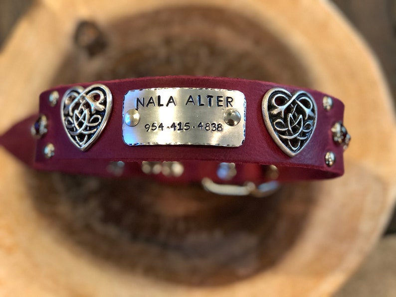 Pink /&Red Gemstone and Custom Nameplate Heart Dog Collar Valentine/'s Day Dog Red Leather Collar with Celtic Heart Concho 1.5 inches wide