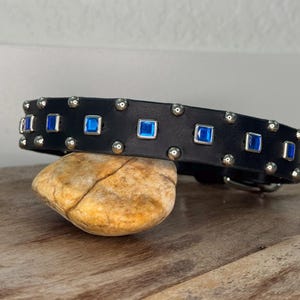 Personalized jeweled Rustic Dog Leather Collar, 1" inch wide. Custom dog collar with Blue Square Rhinestone, Dog lovers gift, dog collar
