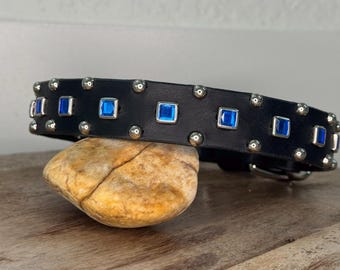 Personalized jeweled Rustic Dog Leather Collar, 1" inch wide. Custom dog collar with Blue Square Rhinestone, Dog lovers gift, dog collar