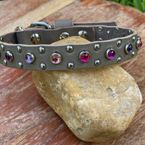 Jeweled pink Leather Dog Collar 3/4&quot; Inch, Collar For Small Dogs, Crystals Leather Dog Collar with Pink and Purple Cabochons, Girl collar