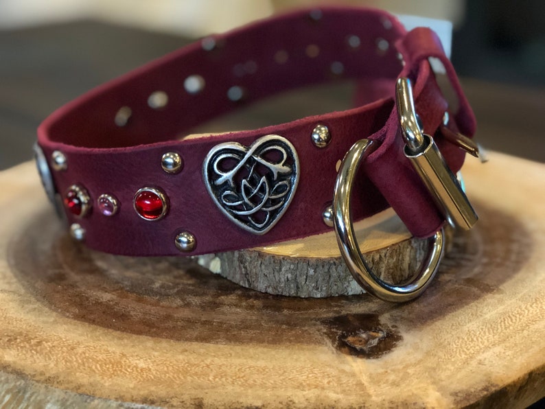 Pink /&Red Gemstone and Custom Nameplate Heart Dog Collar Valentine/'s Day Dog Red Leather Collar with Celtic Heart Concho 1.5 inches wide