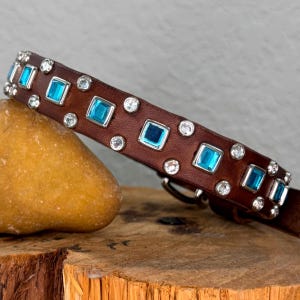 Luxury Leather Small Dog Collar, Turquoise Square Crystal Collar, Custom Designer Dog Collar – 3/4” Wide Chocolate Brown