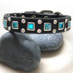 Luxury Leather Small Dog Collar, Turquoise Square Crystal Collar, Custom Designer Dog Collar – 3/4” Wide image 8
