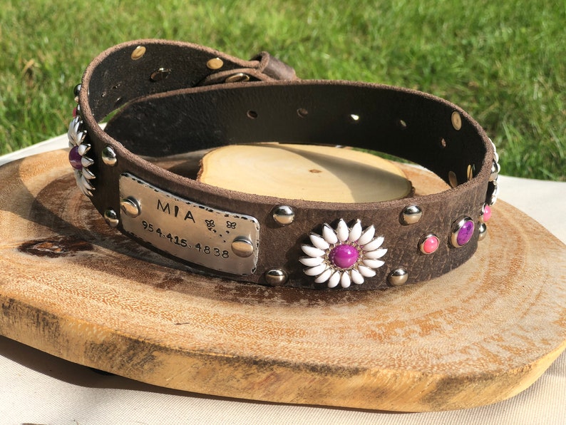 Daisy Trendy Girly Leather Dog Collar ,1.5\u201d Inch for Large Dog Personalized Nickel Stamped Nameplate in Purple /& Pink Flower Female Collar