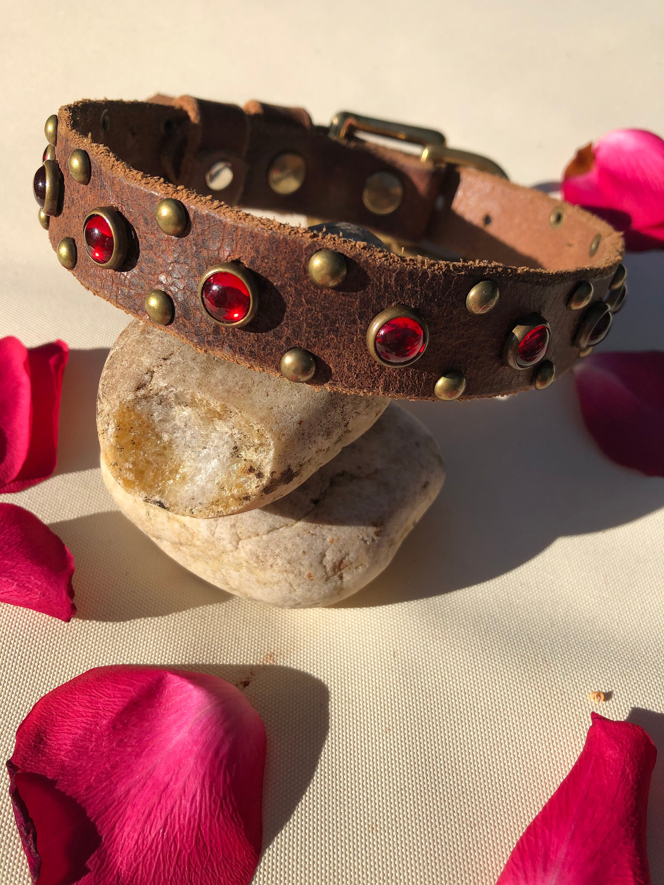 The Dew Collar, Custom Luxury Red Crystals Rustic Leather Dog in Brass, 1"Inch Wide Great Gift For Mather's Day & Dog Lover